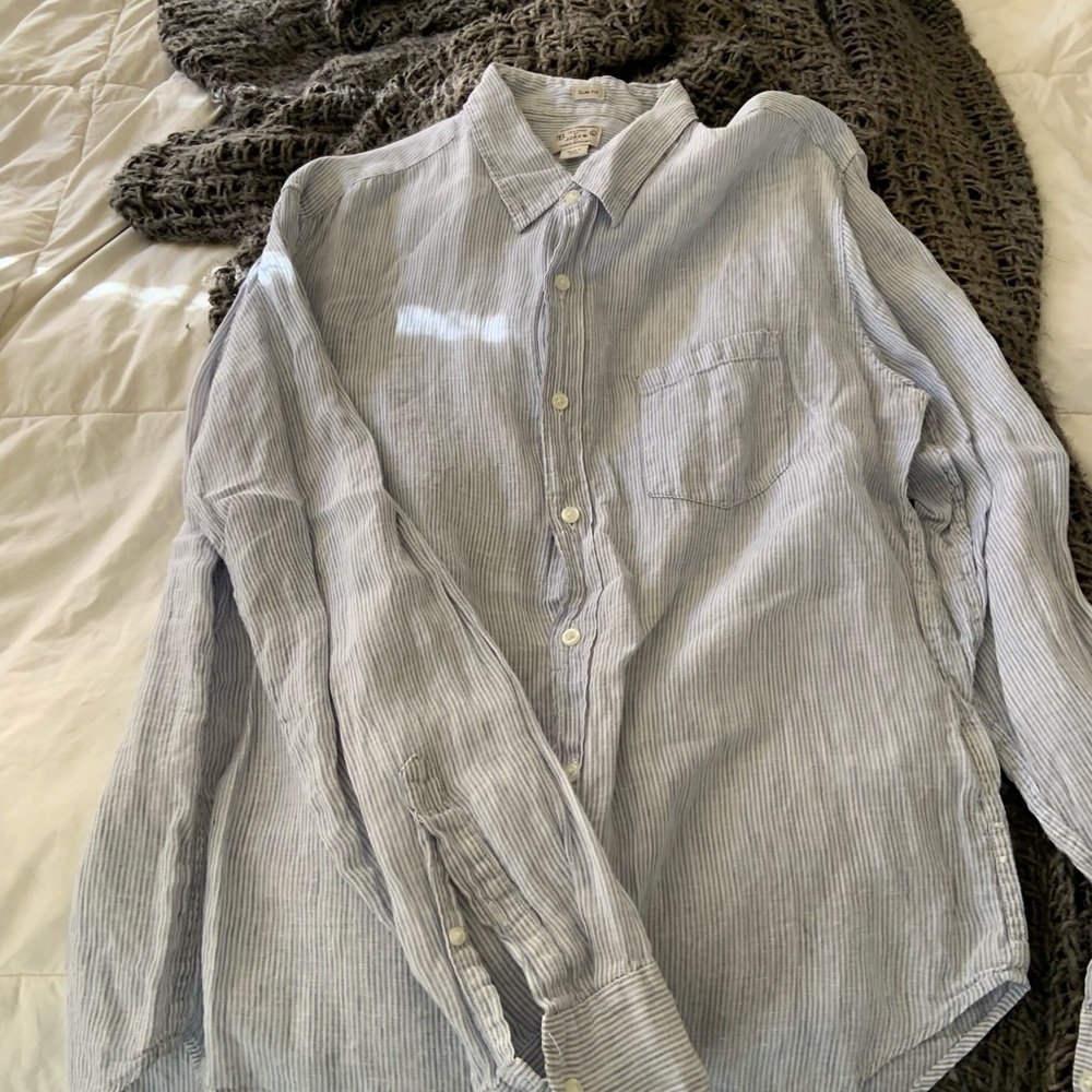 J. Crew Light Blue Linen Striped Button Down Shirt - Picture 3 of 3
